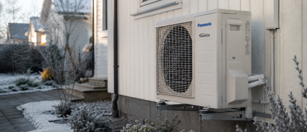 Luftvärmepump 2026 monterad på fasaden av en modern svensk villa för energieffektiv uppvärmning och kylning.