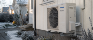 Luftvärmepump 2026 monterad på fasaden av en modern svensk villa för energieffektiv uppvärmning och kylning.